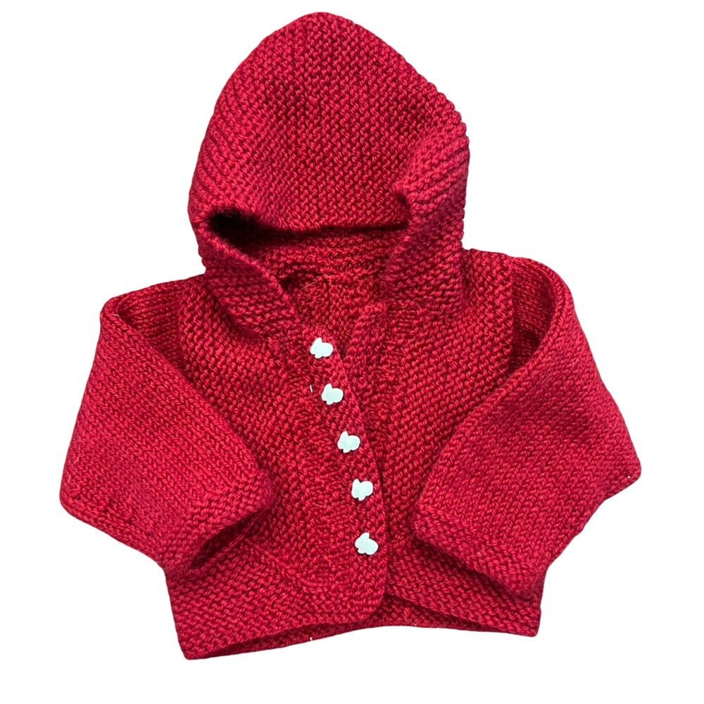 Handmade Red Knit Baby Hoodie with Bunny Button Detail Size 3-6 Months
